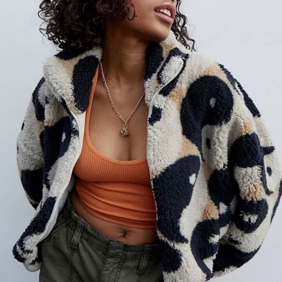 Urban Outfitters Olivia Print Sherpa Jacket Yin Yang Fleece Black Ivory S - Picture 2 of 7